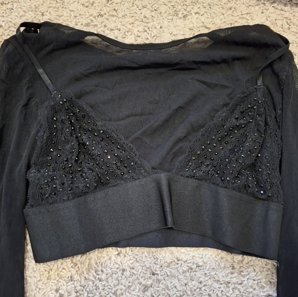 Black lace see through crop top